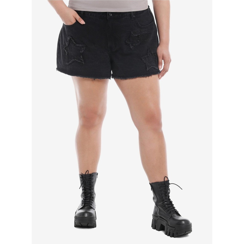 Hot Topic Black Distressed Star Denim Shorts High Waisted Frayed Hem Goth Grunge